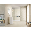 Witte cilindrische wastafel met wandkraan op Arkety Taupe 40x120 rett