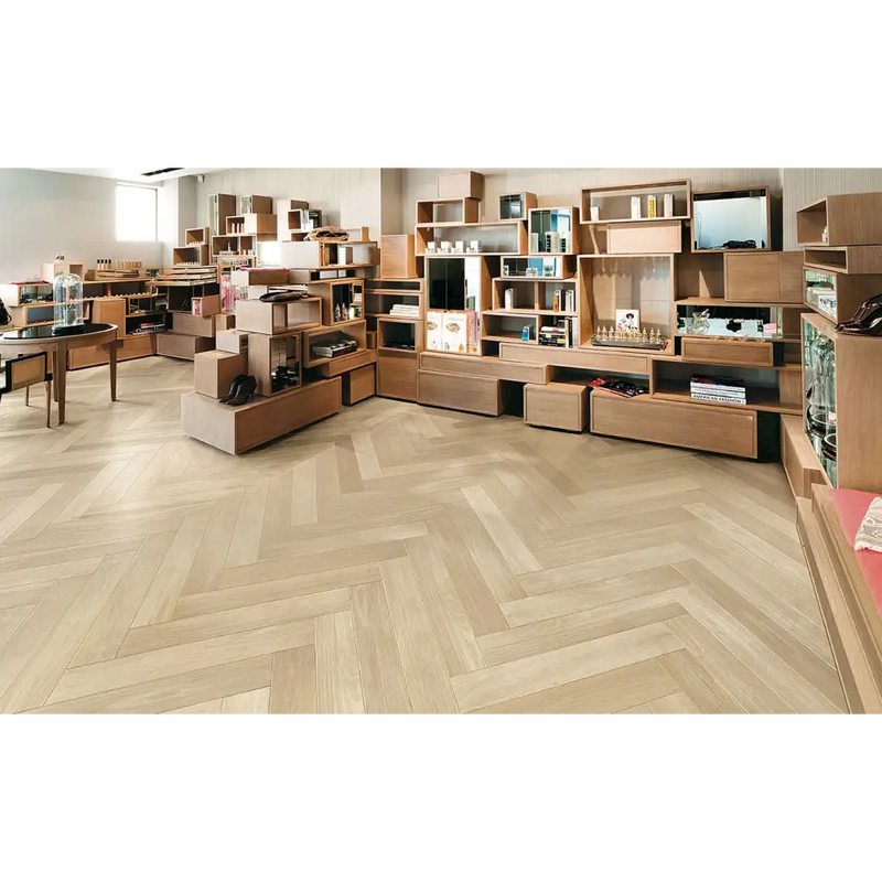 Herringbone parket vloer in licht eikenhout Nuance Faggio 15x90 rett naturel