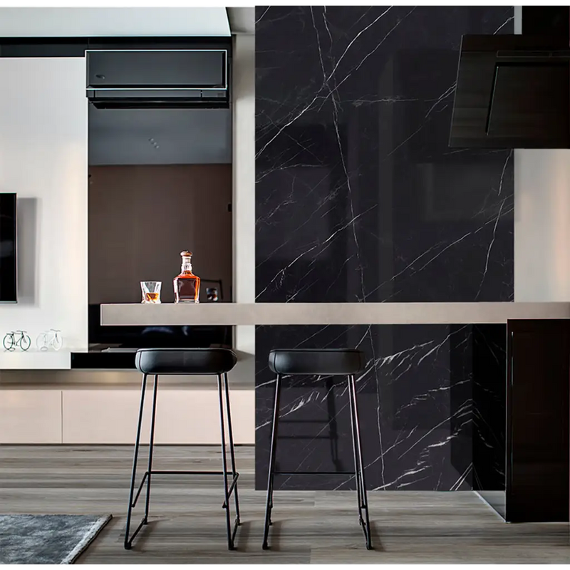 Black marble bar top met witte aders, marquina black gepolijst 120x280 stijl