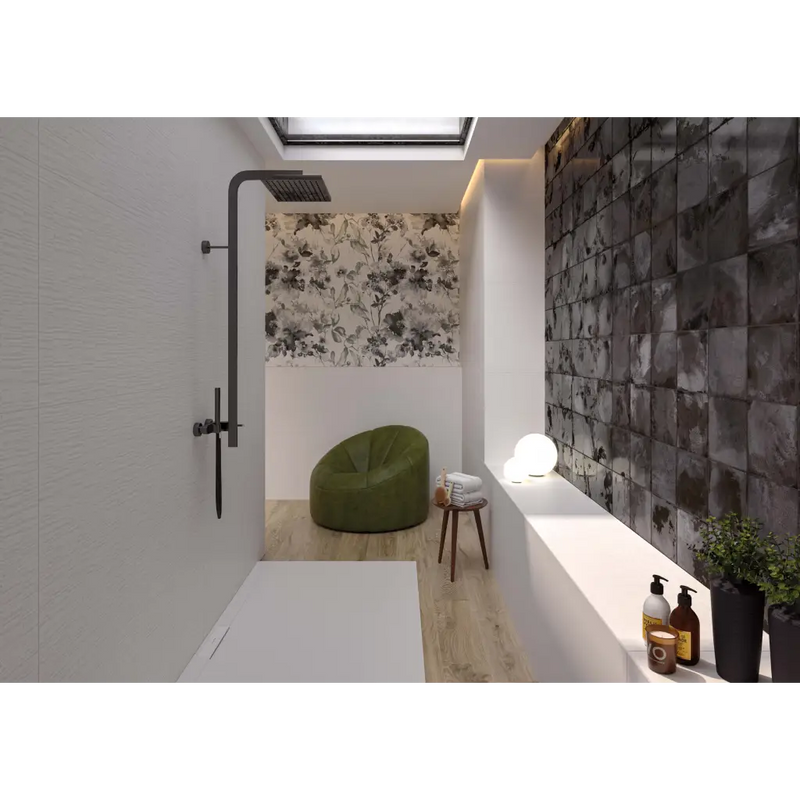 Black marmeren wandtegel met geometrisch patroon in Villore White Swan decor wandtegel 60x120