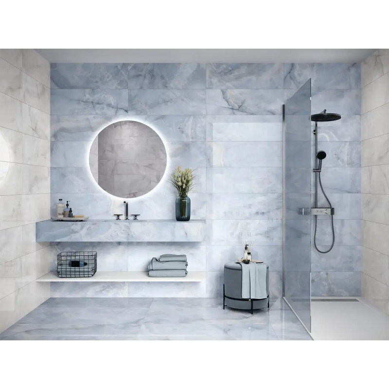 Ronde verlichte spiegel met led lampjes en witte rand, perfect voor Onix Blue Mat 60x120 rett