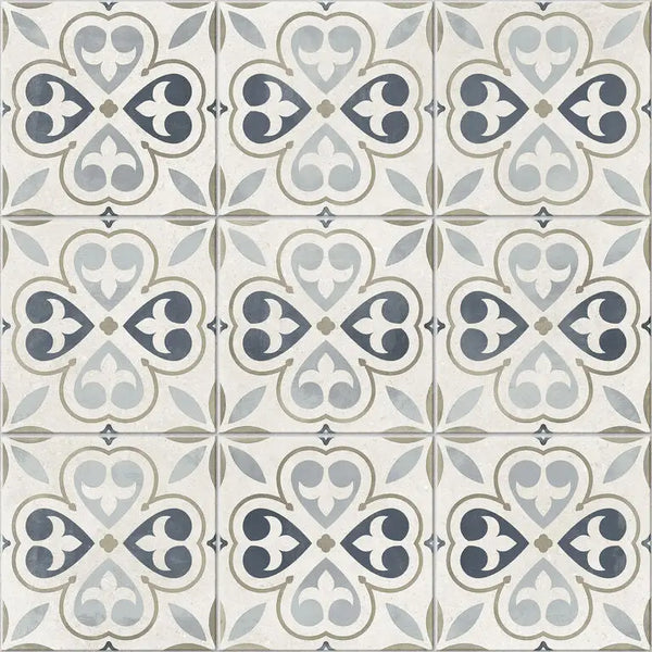 Kampanje Fint mat 60x60 met creamkleurige tegels en blauwe bloemen, mooi design