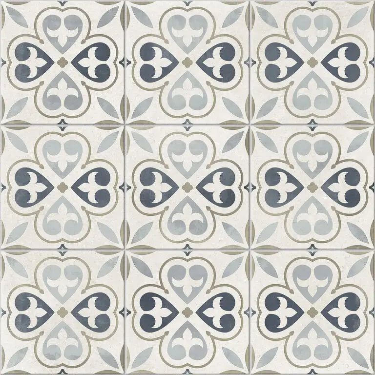 Kampanje Fint mat 60x60 met creamkleurige tegels en blauwe bloemen, mooi design