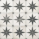 Witte kamari star mat 60x60 met sterpatroon en zwarte details, keramisch materiaal