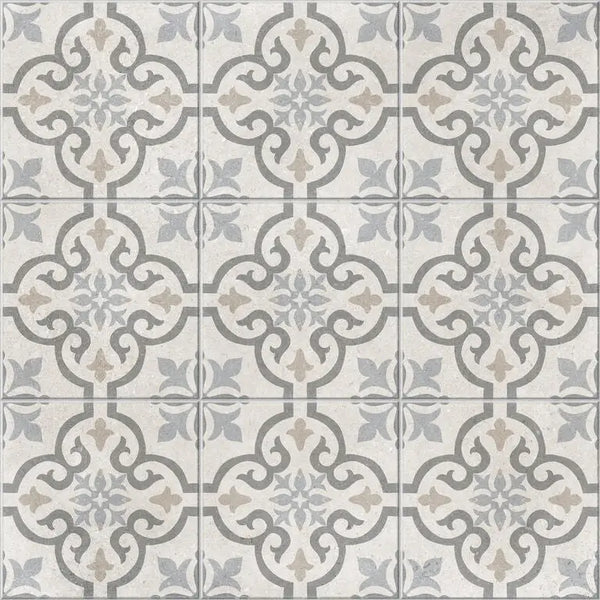 Kamari Blow mat 60x60 met wit en grijs patroon en sierlijk scrollwork design