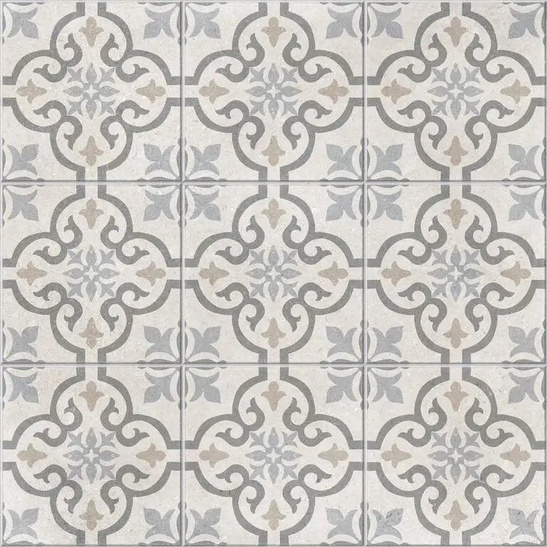 Kamari Blow mat 60x60 met wit en grijs patroon en sierlijk scrollwork design