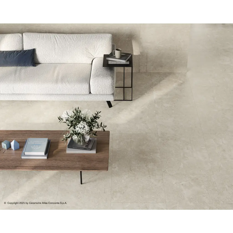 Beige marmer vloer tegel Duolith Wool 60x120 rett met polished finish en natuurlijke aders
