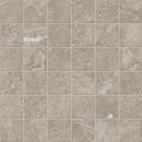 Gray stone tile floor met duolith fossil mozaiek 5x5 op net van 30x30