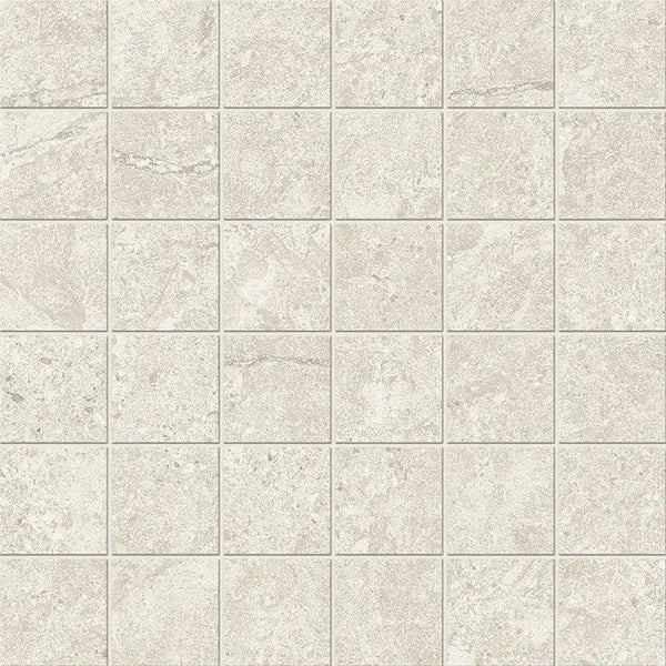 Beige steen tegelvloer met subtiele aders en grout lijnen, Duolith Wool Mozaiek 5x5