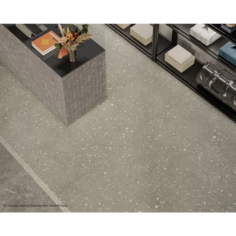 Terrazzo vloer tegel duolith terrazzo 60x60 rett met grijs en wit speckled patroon