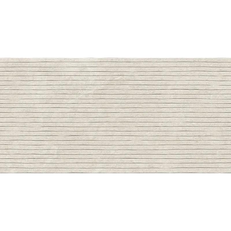 Creamkleurige duolith wool wandtegel 40x80 rett met horizontale lijnen en textuur