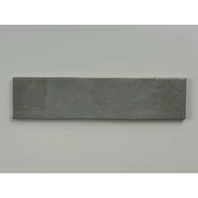 Grijze trend tegels grijs glans 6x24,6 met gladde metalen bar en matte afwerking