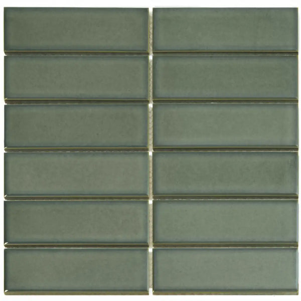 Sage green glass subway tiles in horizontal rows for Forrest Green Glossy design