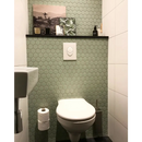 Witte porseleinen toilet met gesloten deksel tegen lichtgroene hexagonale wand van Light Green Edge Glossy