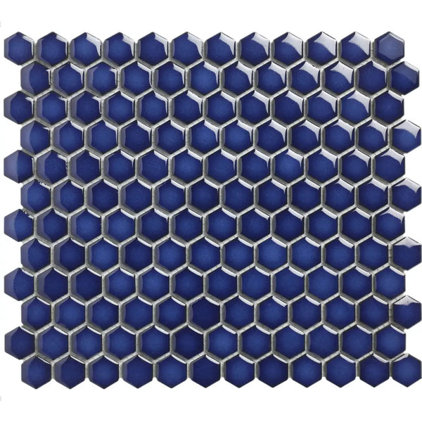 Navy blue hexagonal mosaic tiles in a honeycomb pattern for AFH23700 Cobalt Blue Glossy