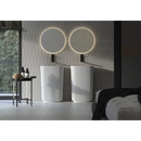 Twee cilindrische witte wastafels met cirkelvormige backlit spiegels boven Alure Pearl 75x75