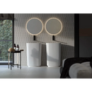 Verlichte ronde spiegels boven witte wastafels met Alure Plomb Visschub wandtegel 8x21
