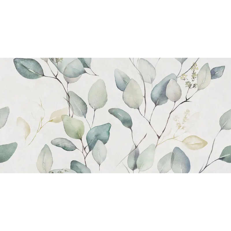 Delicate watercolor eucalyptus pattern in soft blue-green on Alure White Lipra decor wandtegel