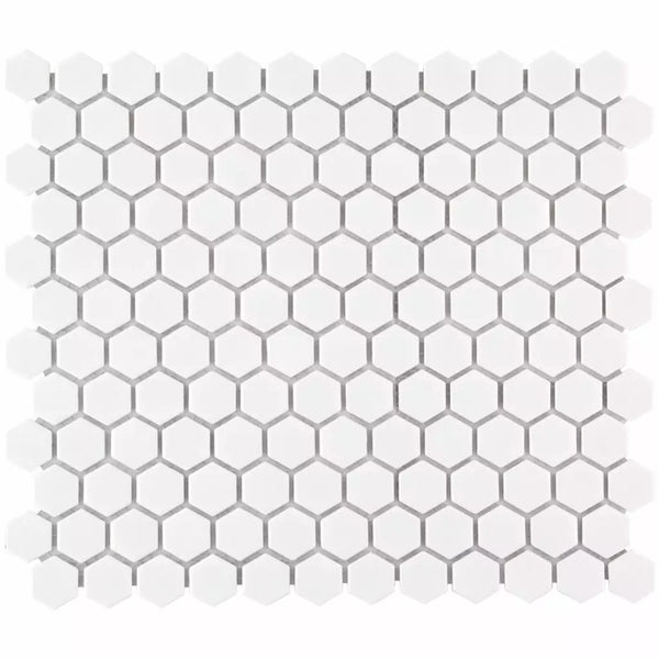 Witte hexagonale mozaïektegels met grijze voegjes in wit mat AMH23010