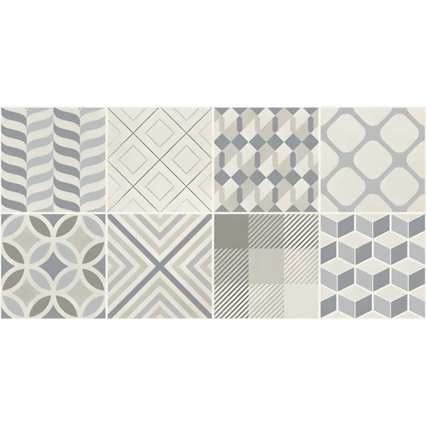 Geometrische patronen in grijs, beige en blauw van Arkety Silver Keroe Decor 30x60