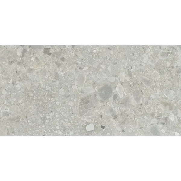 Speckled grey terrazzo surface with white aggregate in Baldocer Nover Steel 40x80 rett