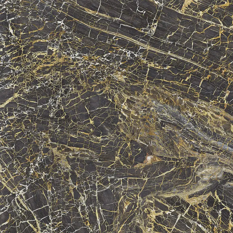 Black golden pulido 120x120 tegel met zwarte marmerlook en fijne gouden aderen en subtiele witte strepen