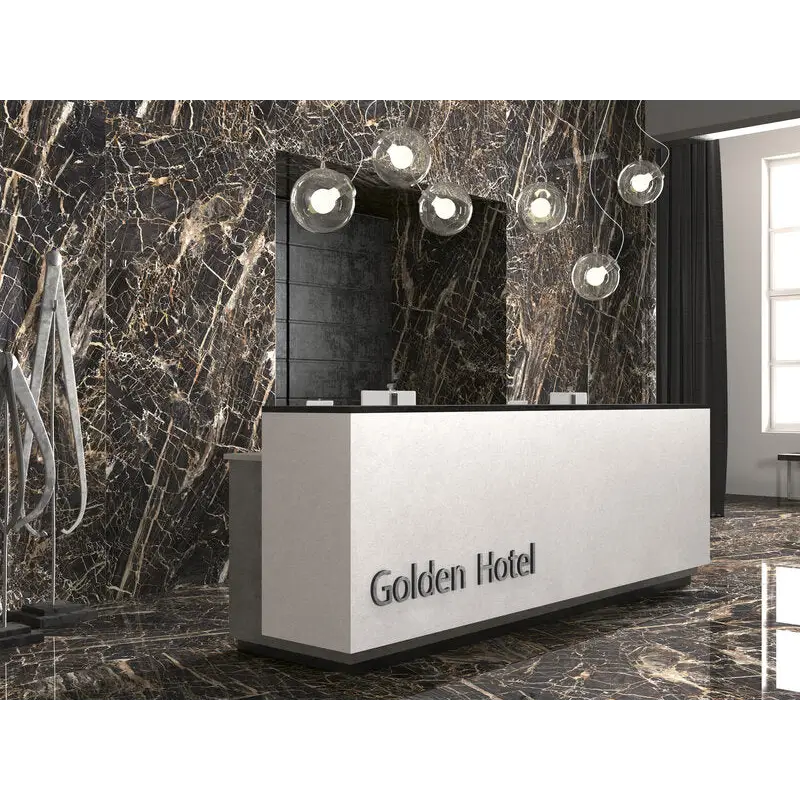 Moderne witte receptiebalie met Golden Hotel text en Black Golden Pulido 120x260