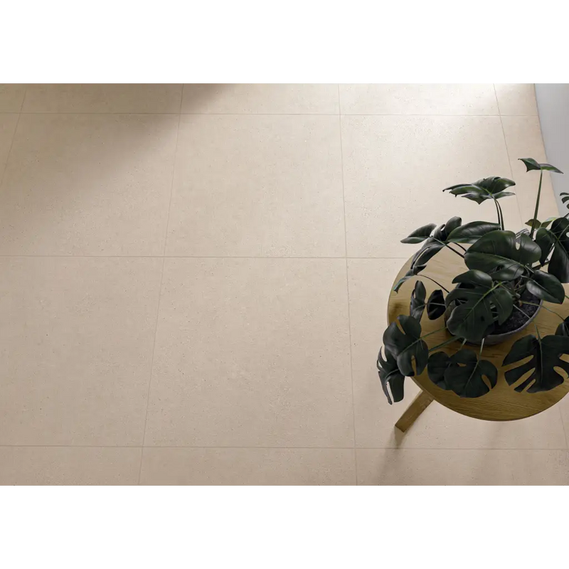 Monstera plant in yellow pot displayed with Borneo Sand R11 60x60 rett