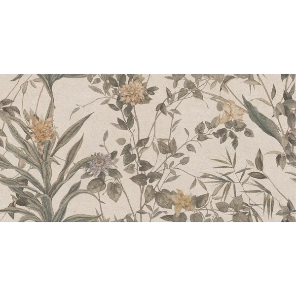 Delicate floral pattern with muted green leaves and yellow-brown blooms on Borneo Sand Peek