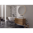 Moderne badkamer met Borneo White 60x120, houten kast en ronde gouden spiegel