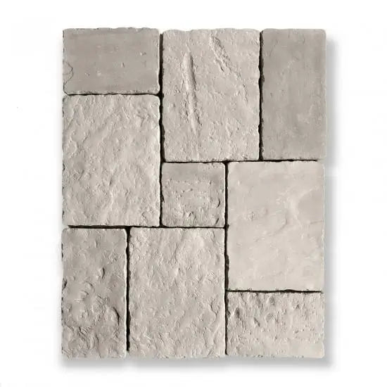 Alt tekst van een patroon van lichte, rechthoekige stenen pavers van Bourgondische Dallen Vicoli Castagno module 4