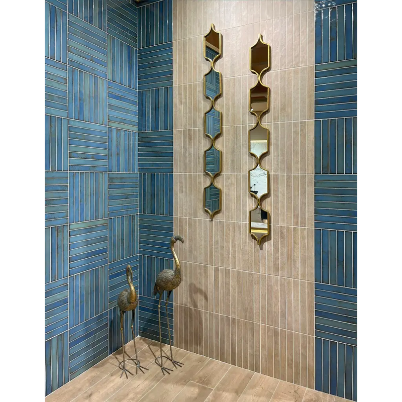 Decoratieve wandspiegels met gouden frame en Brick Raku turquoise mozaiektegel 35x35cm