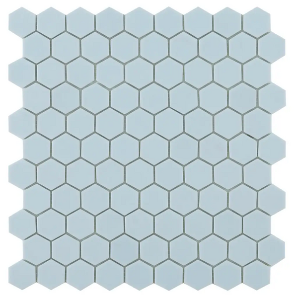 Lichtblauw mozaiek hexagon patroon in honingraatlayout van Goof Mozaiek