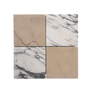 Vier vierkante marble tiles van chess arabescato met creamy beige en wit zwart patroon lulu arabescato marble