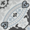 Decoratieve tegel met gebogen patronen in grijs, zwart en lichtblauw uit de collectie 20x20 tegels