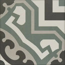 Decoratieve 20x20 tegels in saliegroen, wit en houtskool met geometrisch patroon