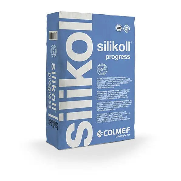 Blauw-witte verpakking van Colmef Silikoll Progress C2TE lijm in 25 kg box