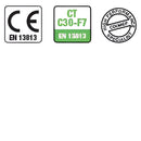 Drie certificeringssymbolen, waaronder CE en een kwaliteitszegel, op Colmef Ultralivel 1-10