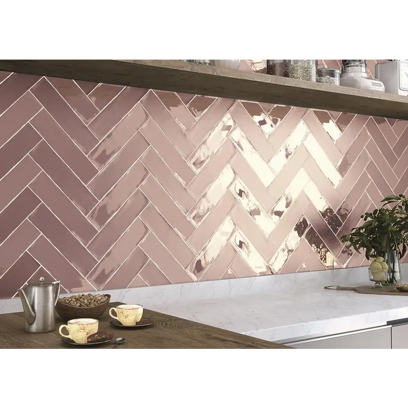 Pink herringbone tile backsplash with chevron shadow, Colonial Pink Glans 7,5x30