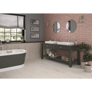 Moderne badkamer met een koloniale roze mat en een dubbele wastafelopstelling