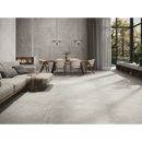 Moderne minimalistische woonkamer met Concept Pearl mat 60x60 rett op betonlook vloer