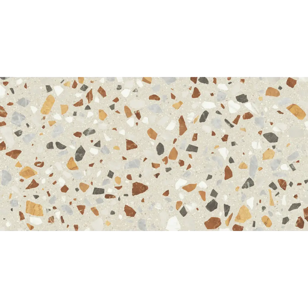 Terrazzo patroon met bruine, oranje en grijze steentjes op Crisp XL Beige 60x120 Rett