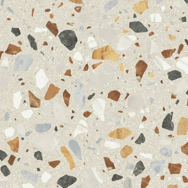 Crisp XL Beige Terrazzo 60x60 rett met bruine, zwarte, witte en grijze steentjes