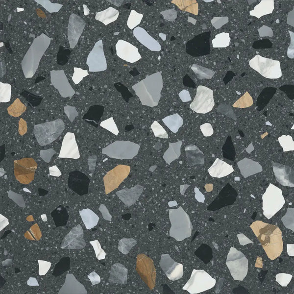 Crisp XL Grafite terrazzo 60x60 rett met grijs, wit en bruin stenen fragmenten