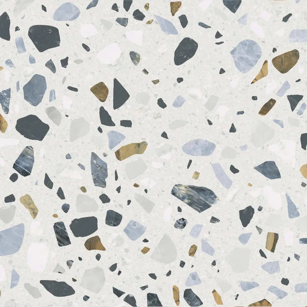 Crisp XL White terrazzo met blauwe, bruine en grijze stenen in cement