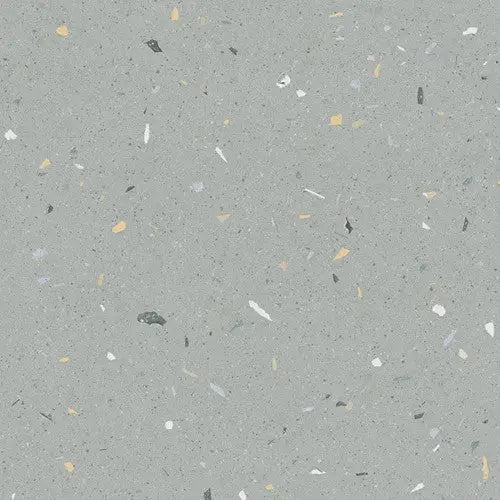 Grijze terrazzo vloer met witte, zwarte en beige stippen op Croccante Arandano 80x80