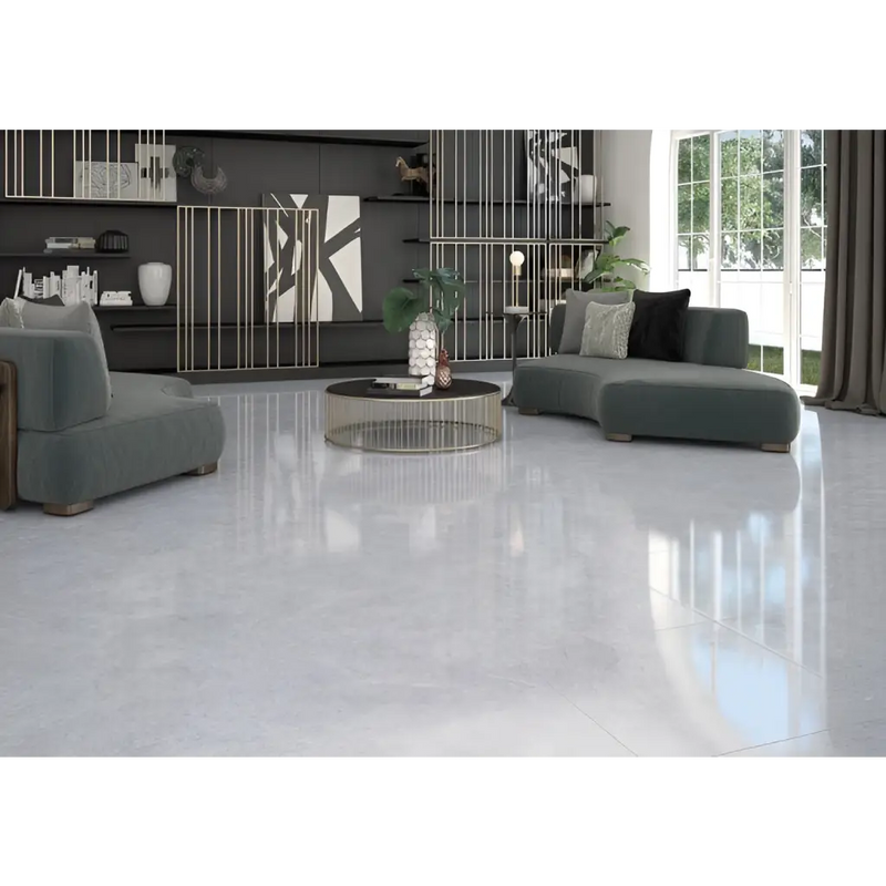 Glanzend wit epoxyvloer met reflecterende afwerking van Crystal Pearl 60x60