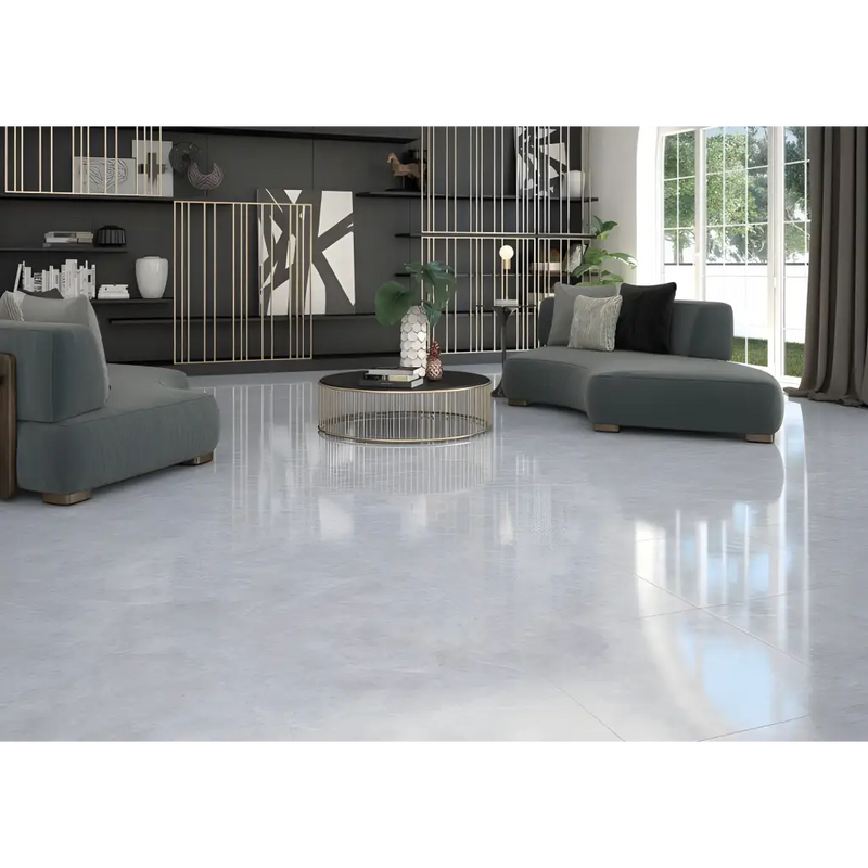 Glanzend wit gepolijst betonvloer in Crystal Pearl 60x60 uitvoering