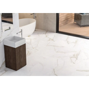 Moderne pedestal wasbak met donkere houten basis en witte rechthoekige bak op Diamond Gold Mat 120x120 rett