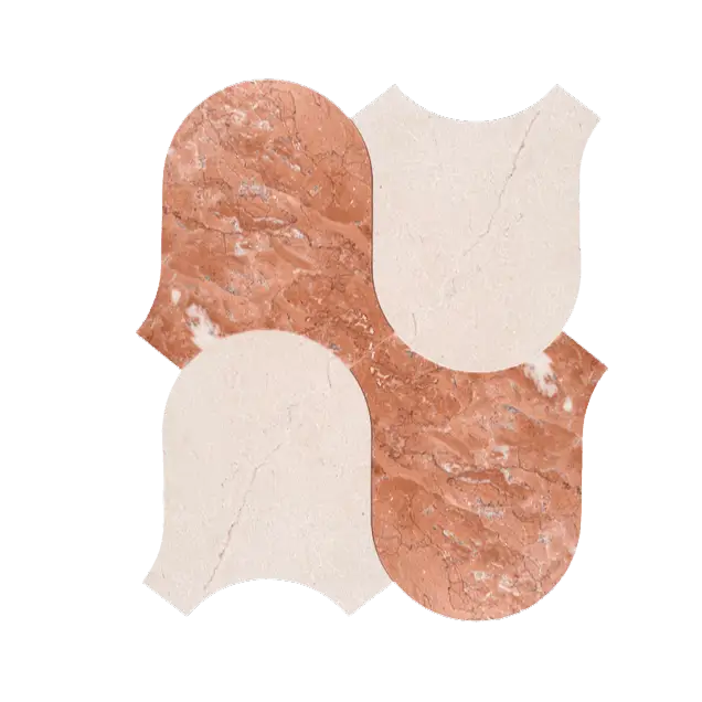 A modern dune tea rose mosaic tile set with alternating warm terracotta and creamy tea rose marble pieces